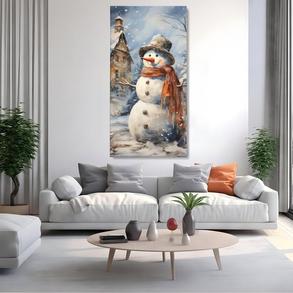 Tablou canvas cu tablou canvas cu om de zapada, fara rama, pe sasiu de lemn, pe perete intr-un living